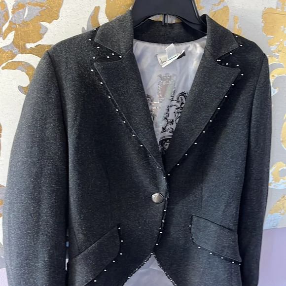 Joseph Ribhoff Size 6 Vintage Charcoal Gray Lace Gem Detail Blazer - Picture 2 of 9